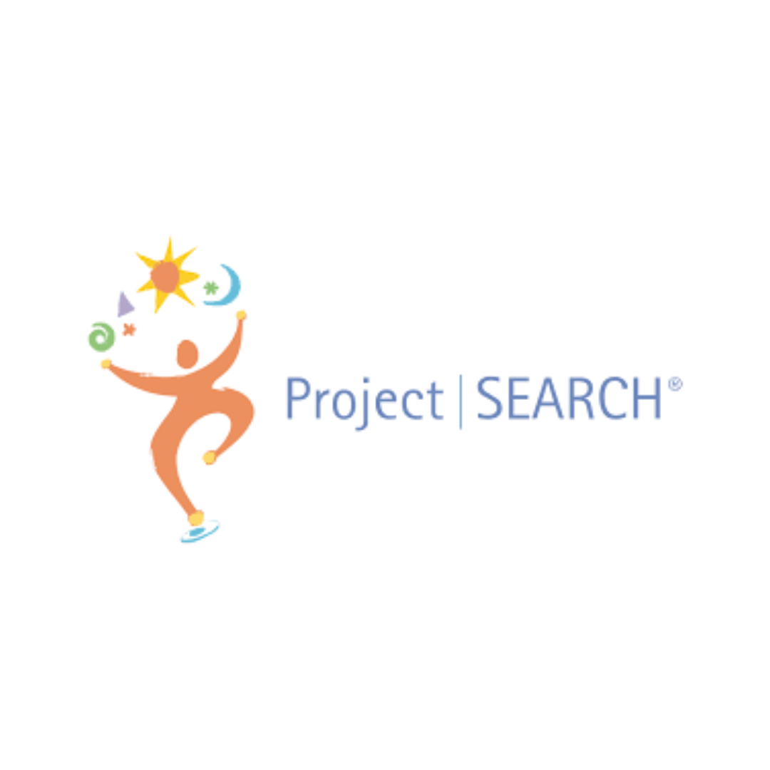 Logo for Project SEARCH featuring a stylized human figure with arms raised, surrounded by colorful symbols of the sun, moon, and abstract shapes, with the text 'Project SEARCH' beside it.