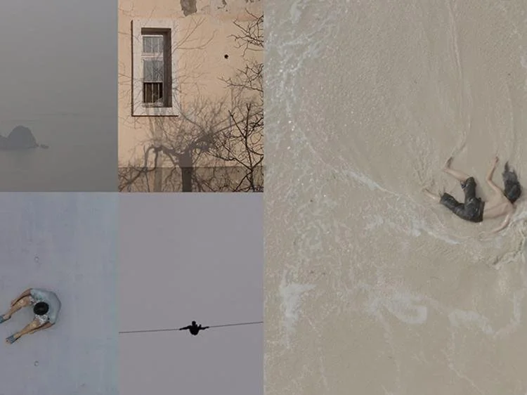 Composite artwork divided into multiple sections, showing an overhead view of two people lying in shallow seawater on a sandy beach, a distant silhouette over calm water, a building wall with a window and tree shadows and a circular concrete surface.