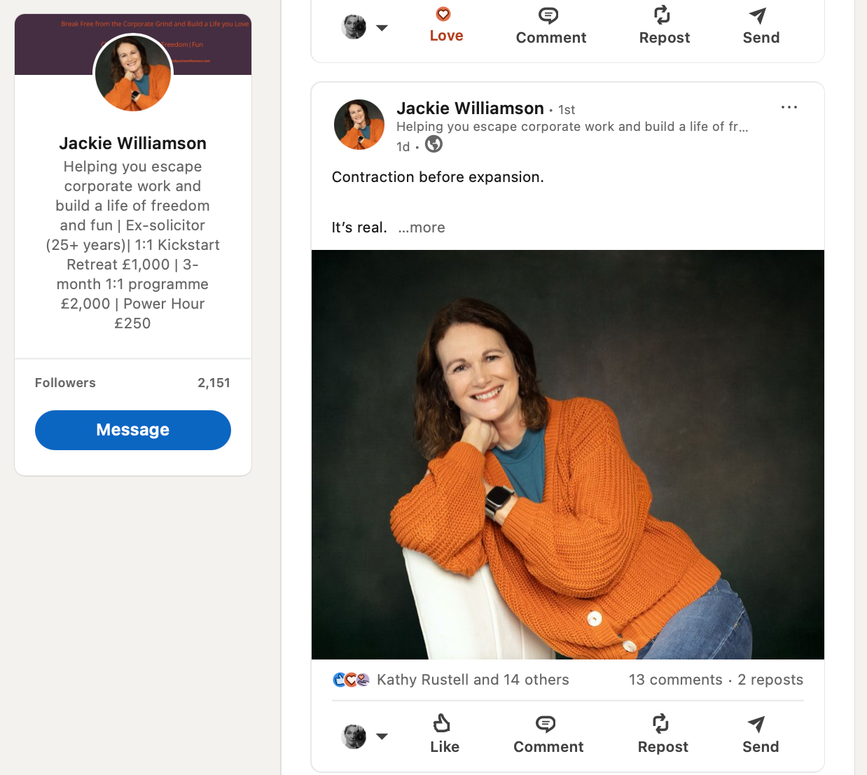 A person with shoulder-length brown hair, wearing an orange sweater and blue jeans, is seated and smiling with one elbow resting on a white chair. The post includes text about corporate escape and building a life of freedom.