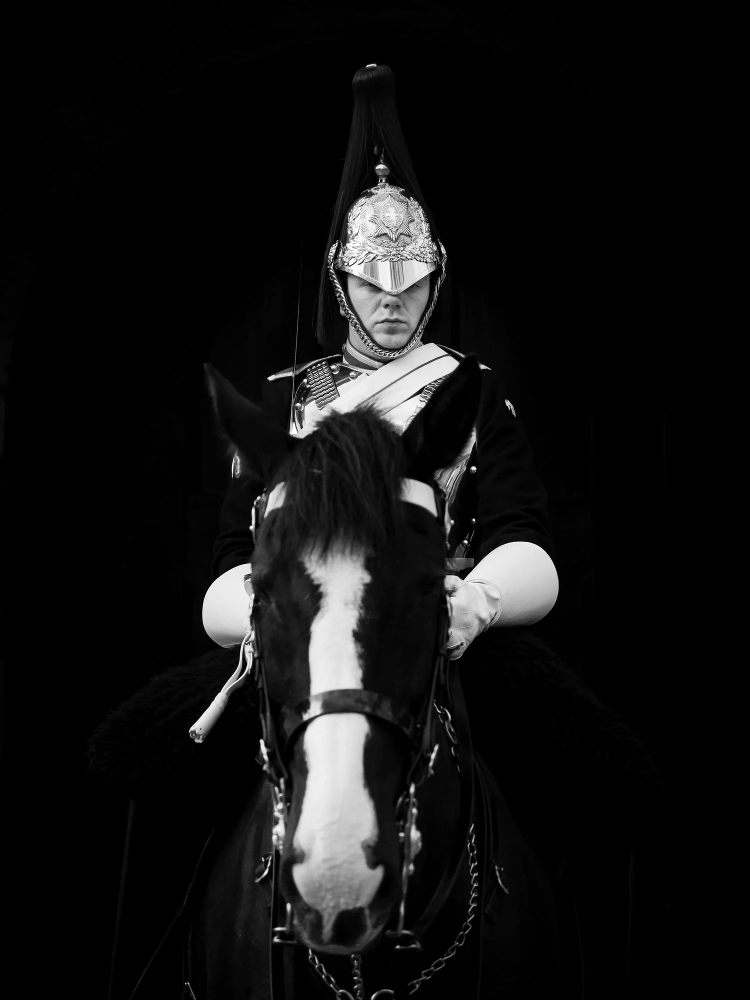 Black and white portrait of horse guard.jpg
