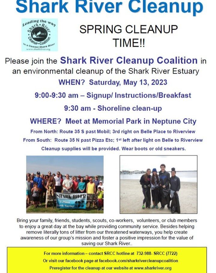 The SRCC Spring Cleanup will be held on Saturday, May 13 at 9 am. Location: Memorial Park, Riverview Ave., Neptune City, NJ. Please mark it on your calendar, and contact us with any questions!