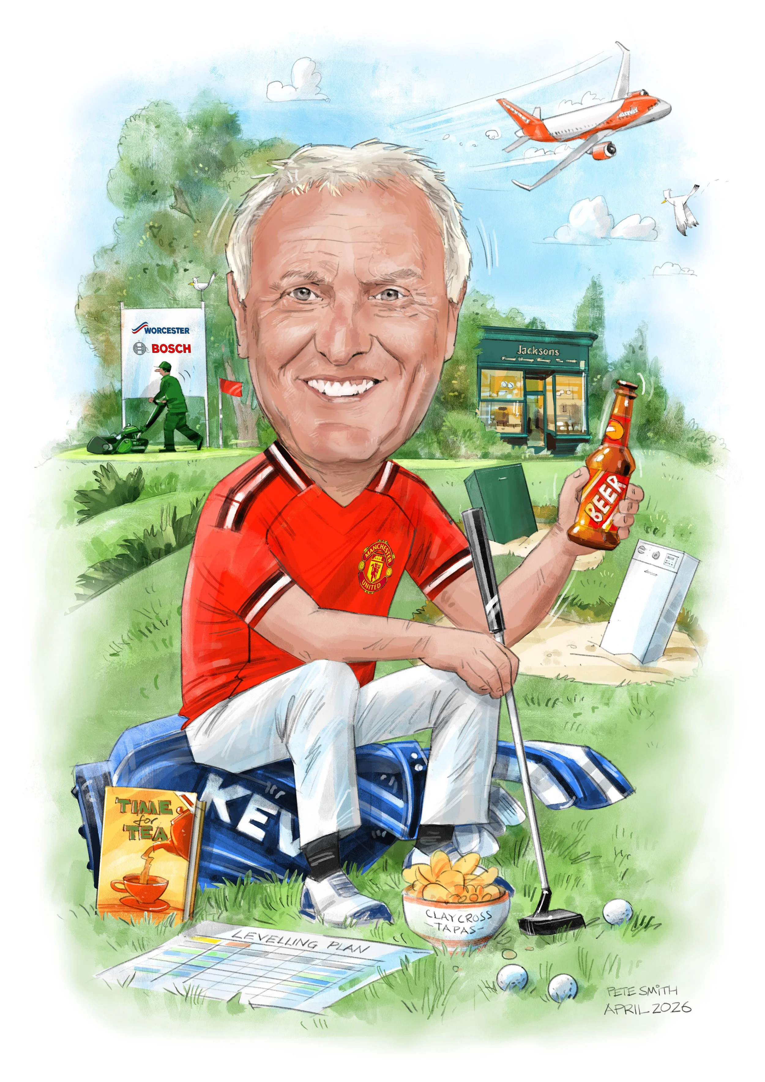 A caricature of a smiling man in a Manchester United shirt sitting on a golf course, holding a golf club, with a beverage in hand. The background features an airplane flying in the sky, trees, a small store named 'Jacksons', a person mowing the lawn 