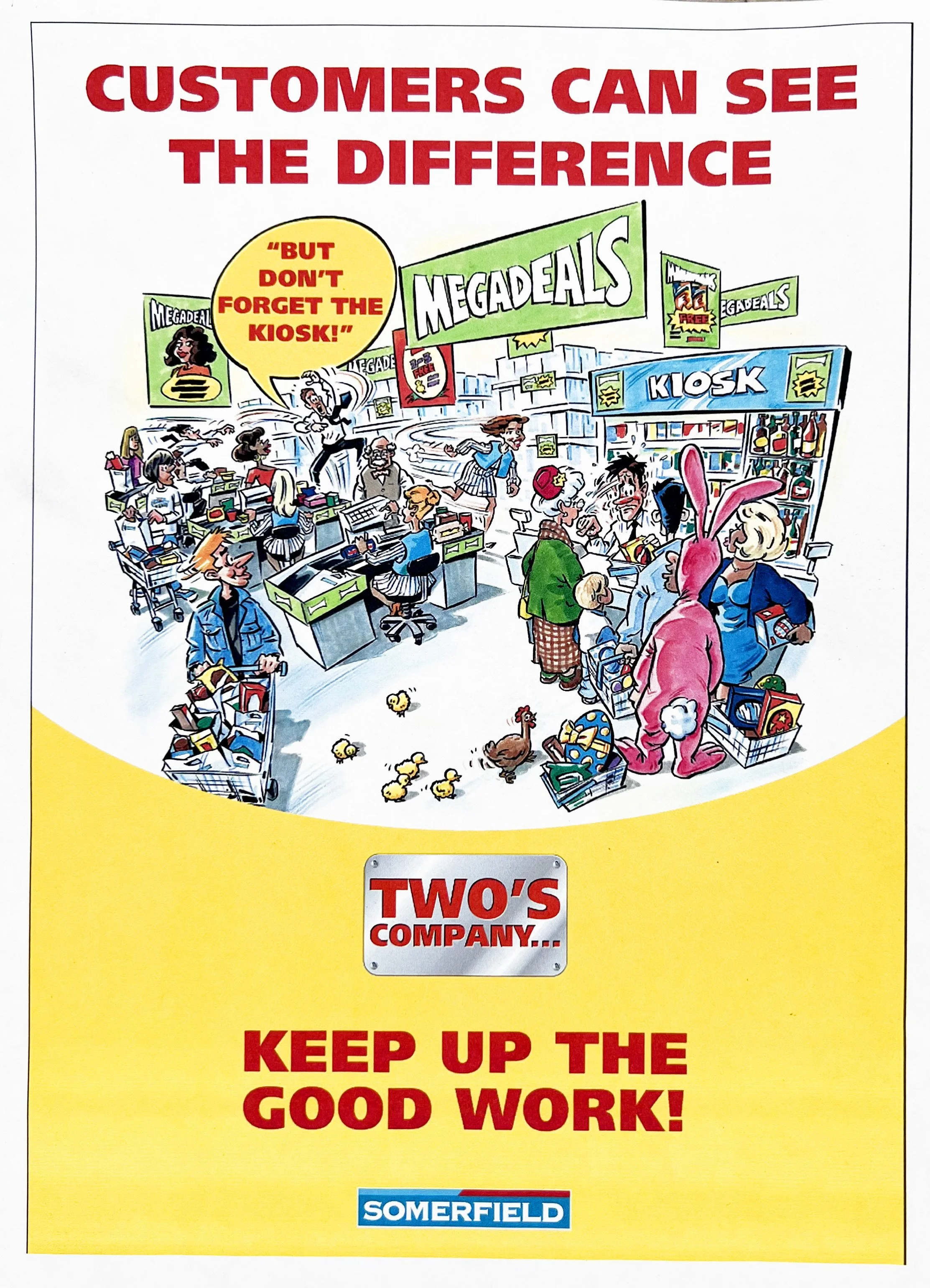 
Cartoon of a frantic supermarket checkout at Easter. There is a man dressed in a bunny onesie and people running about and jumping up and down. There is a chicken with some baby chicks on the floor and people queueing up with lots of produce includi