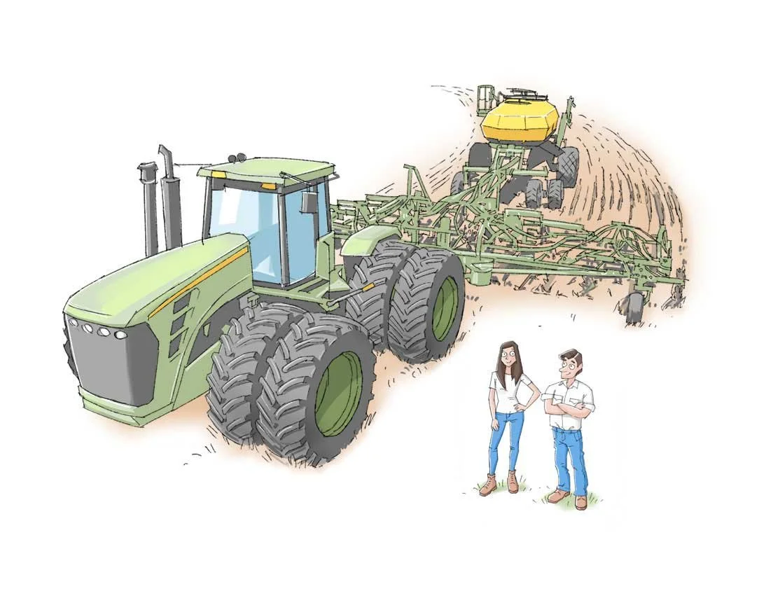 A cartoon illustration of a large green tractor with a yellow and green attached plowing equipment, with two people standing nearby, a woman and a man, observing the scene.