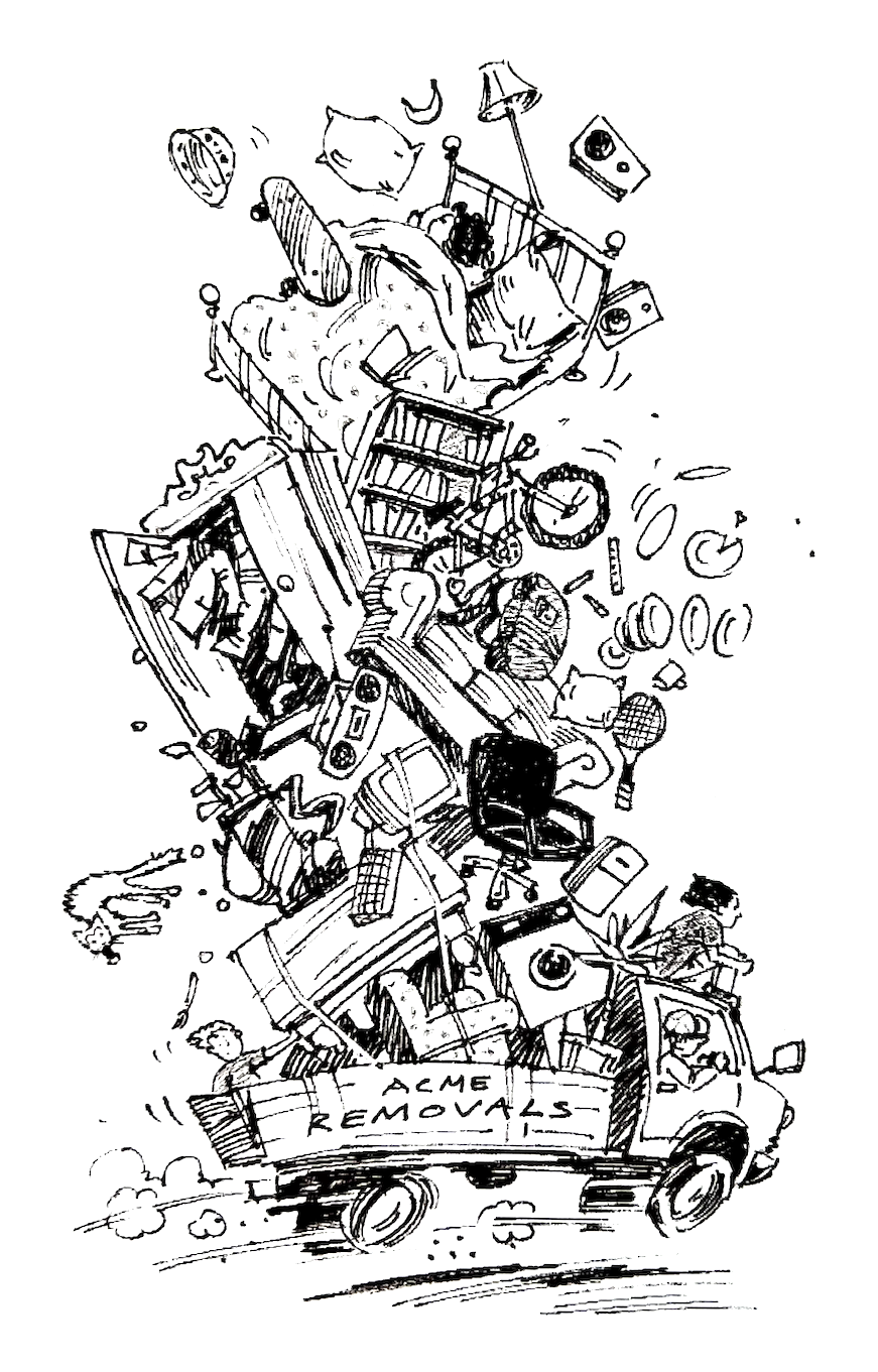 Black and white line cartoon showing a stacked Acme removals lorry moving at speed with household items piled high, including someone still in bed on the top and a cat flying out of the back.
