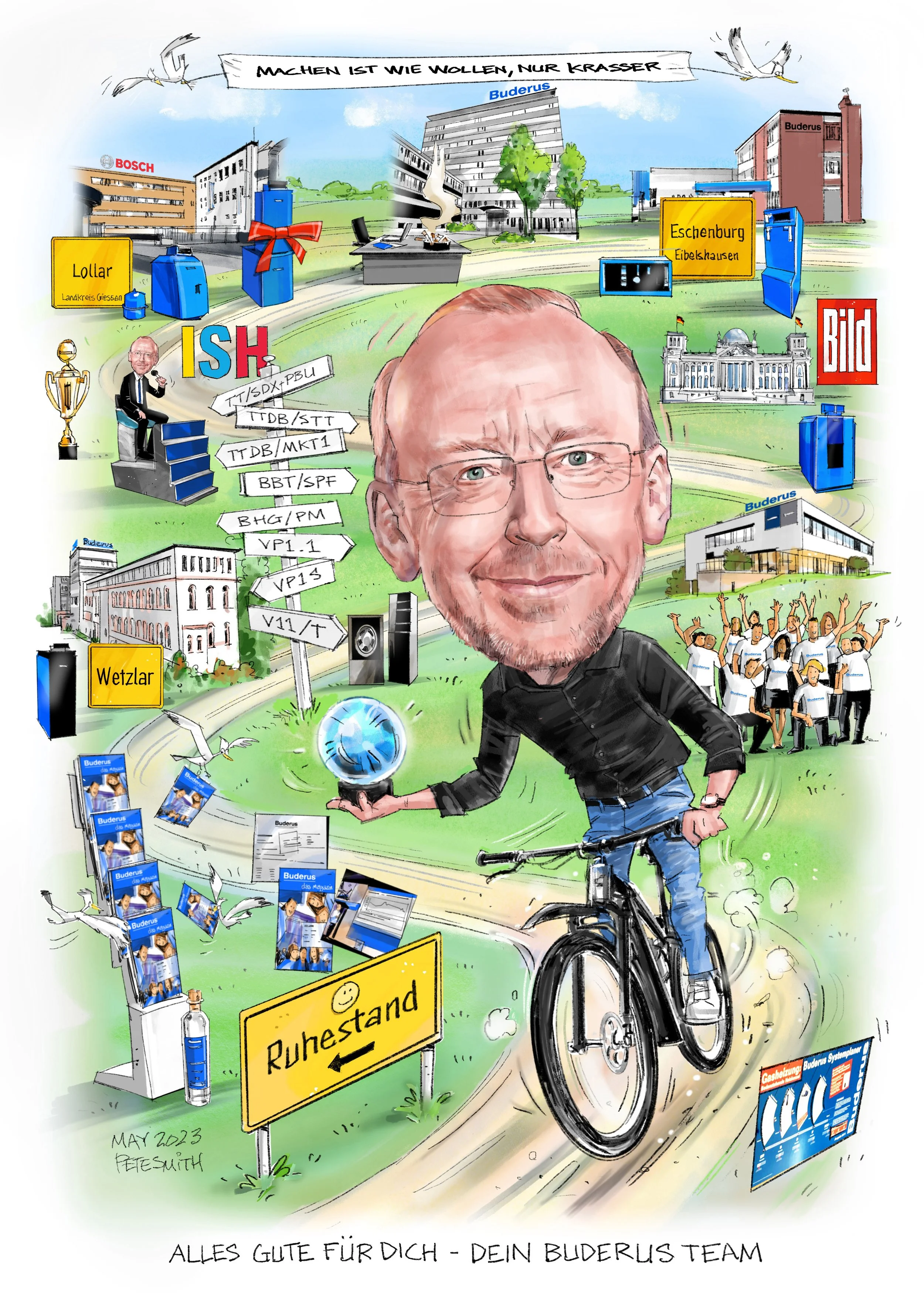 This is a bespoke caricature showing Wolfgang, a German Bosch executive, cycling through the events in his life and career as he moves towards retirement. This was his leaving gift from the company. 
