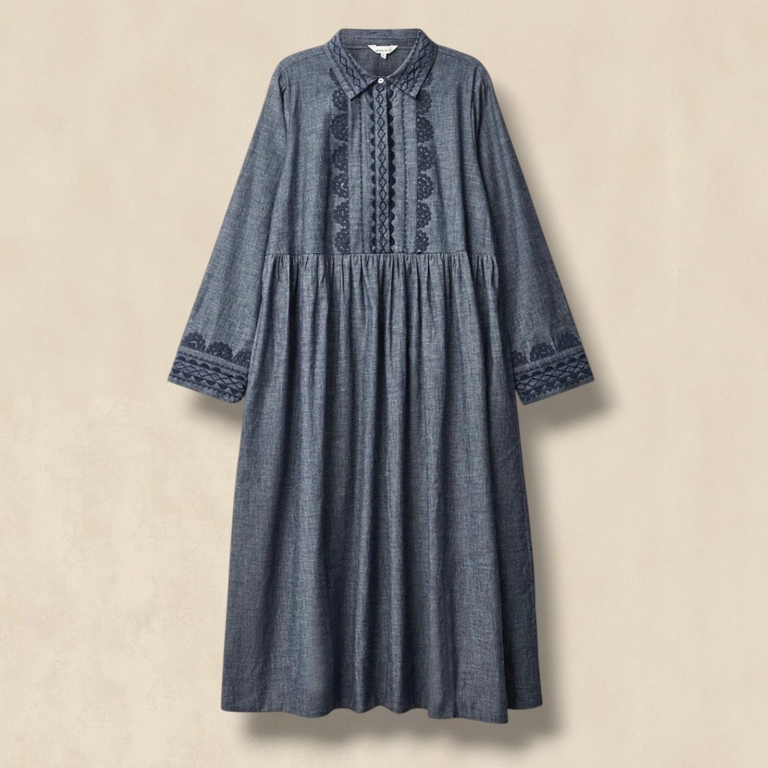 Chambray Cotton Shirt Dress With A Relaxed Bohemian Silhouette