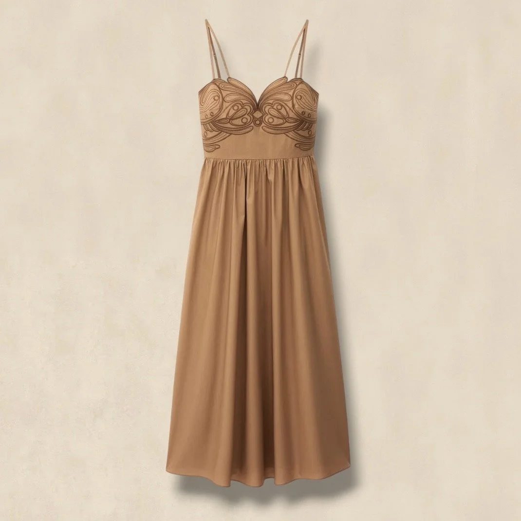 Brown Embroidered Cotton Midi Dress