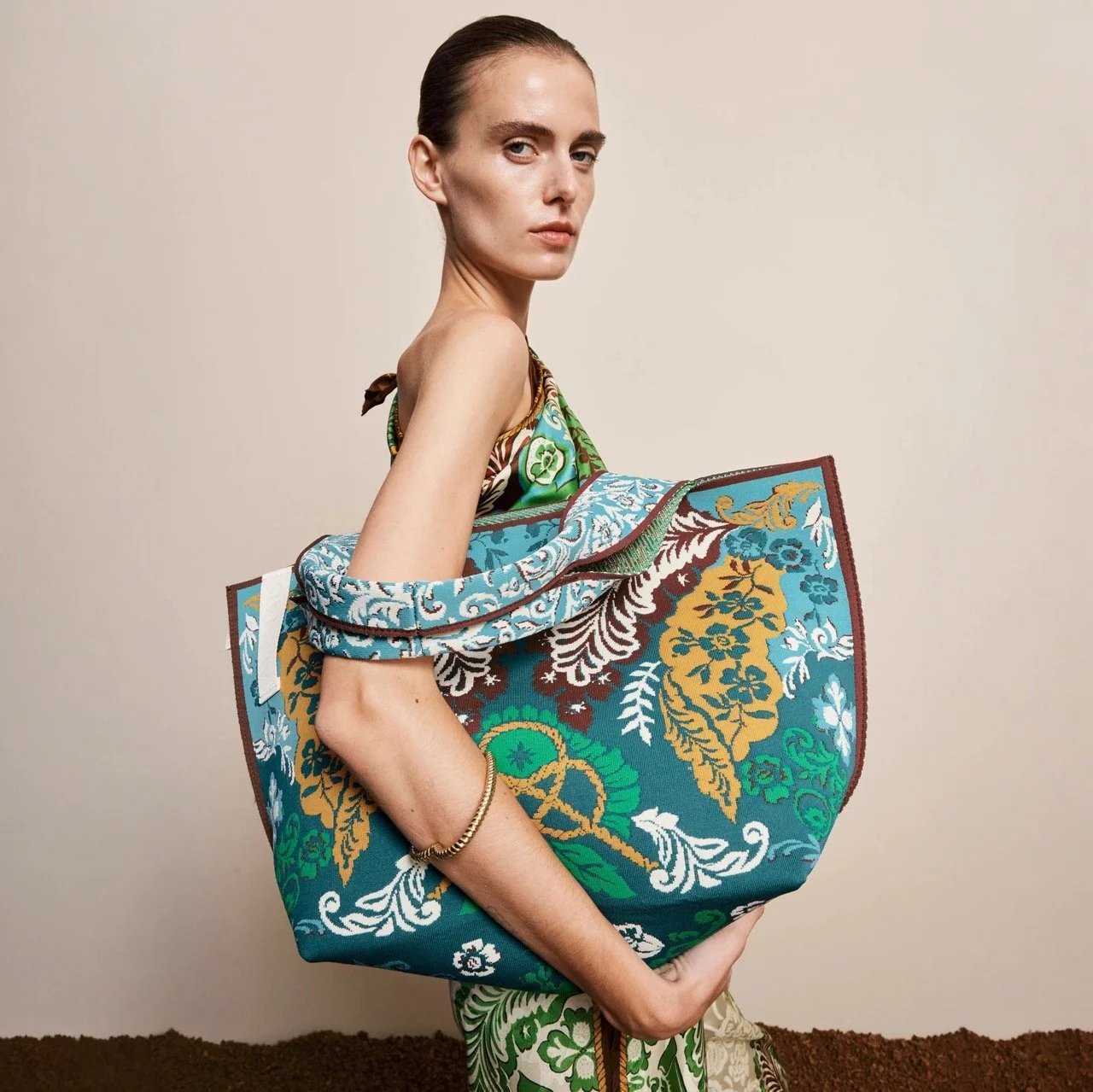 Green Jacquard Maxi Tote Bag