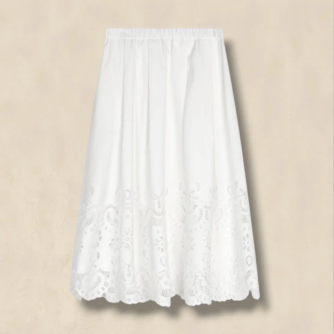 White Embroidered Cotton Midi Skirt