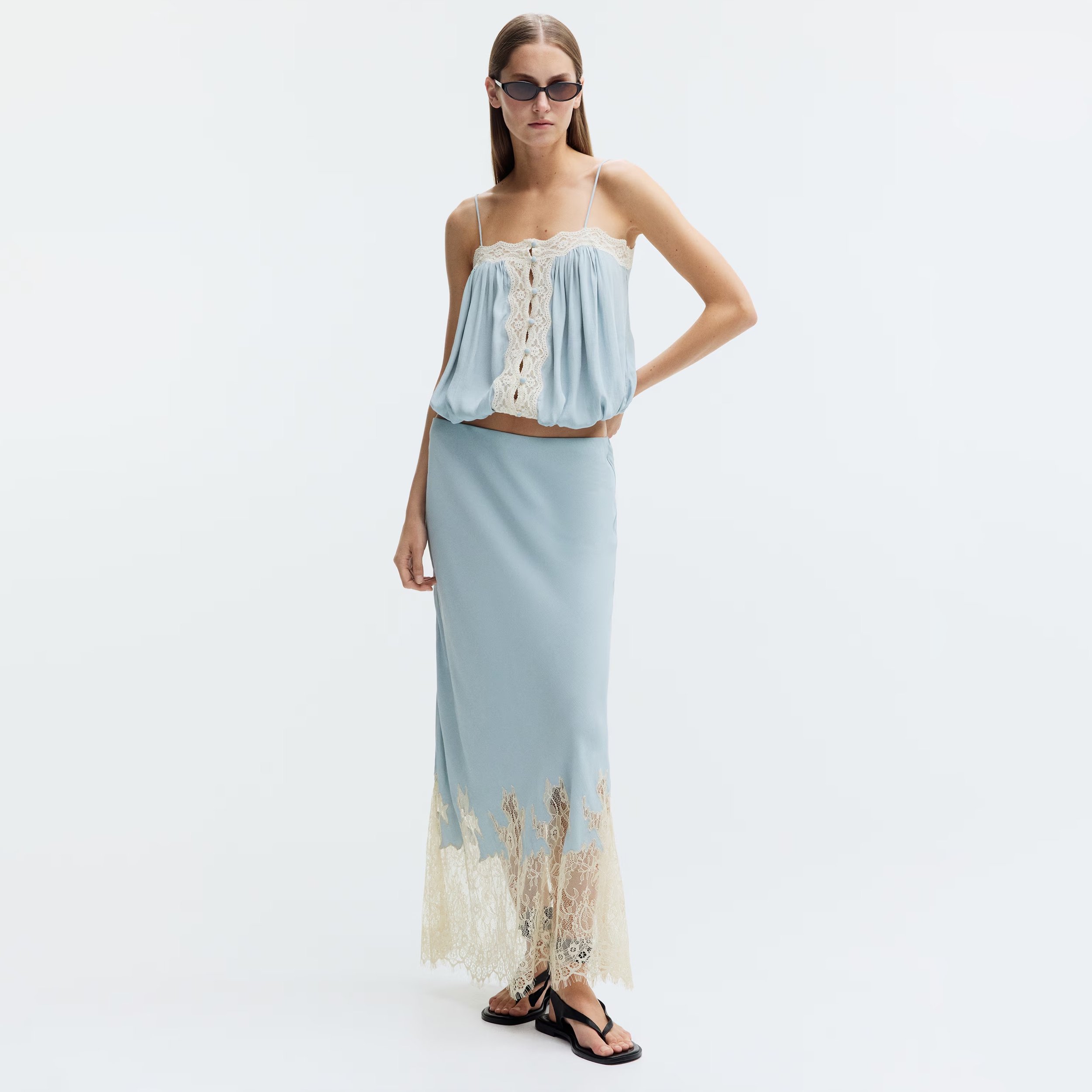 Blue Lace-Trimmed Tie-Strap Top
