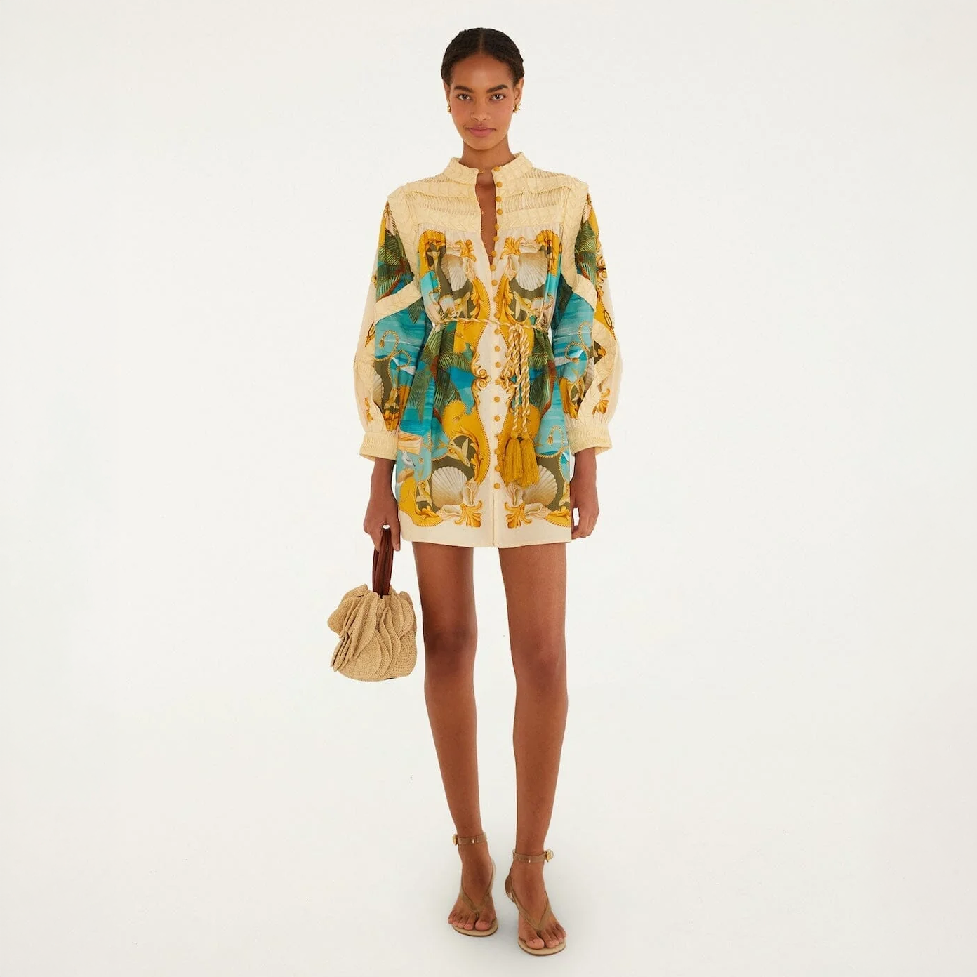 Yellow And Blue Printed Smocked Mini Dress