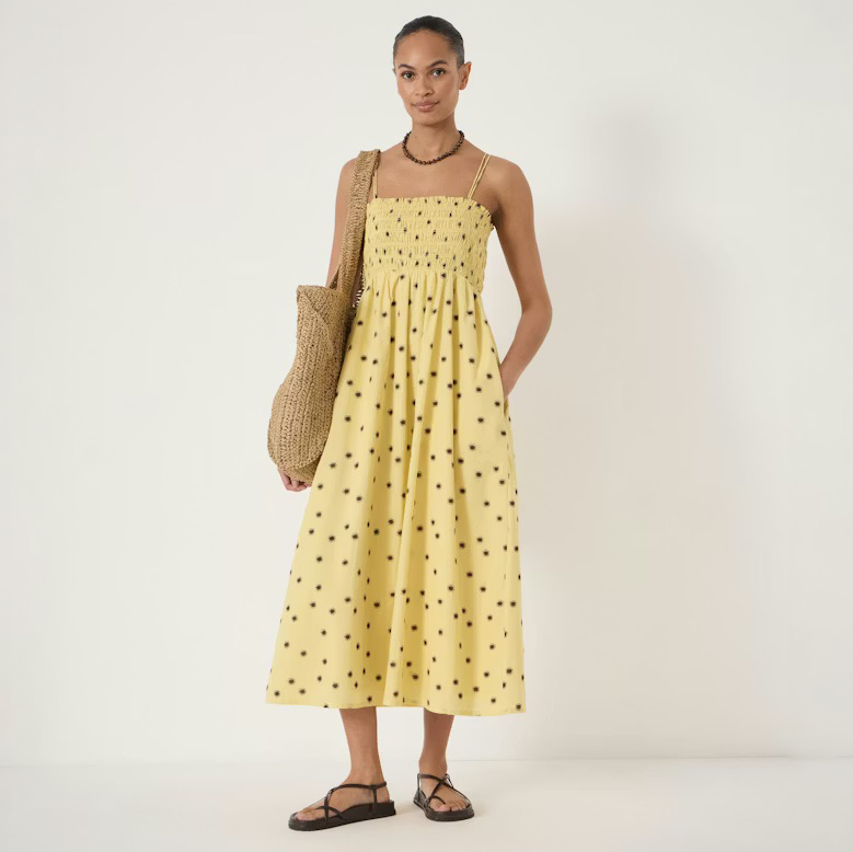 Yellow Shirred Cotton Midi Dress
