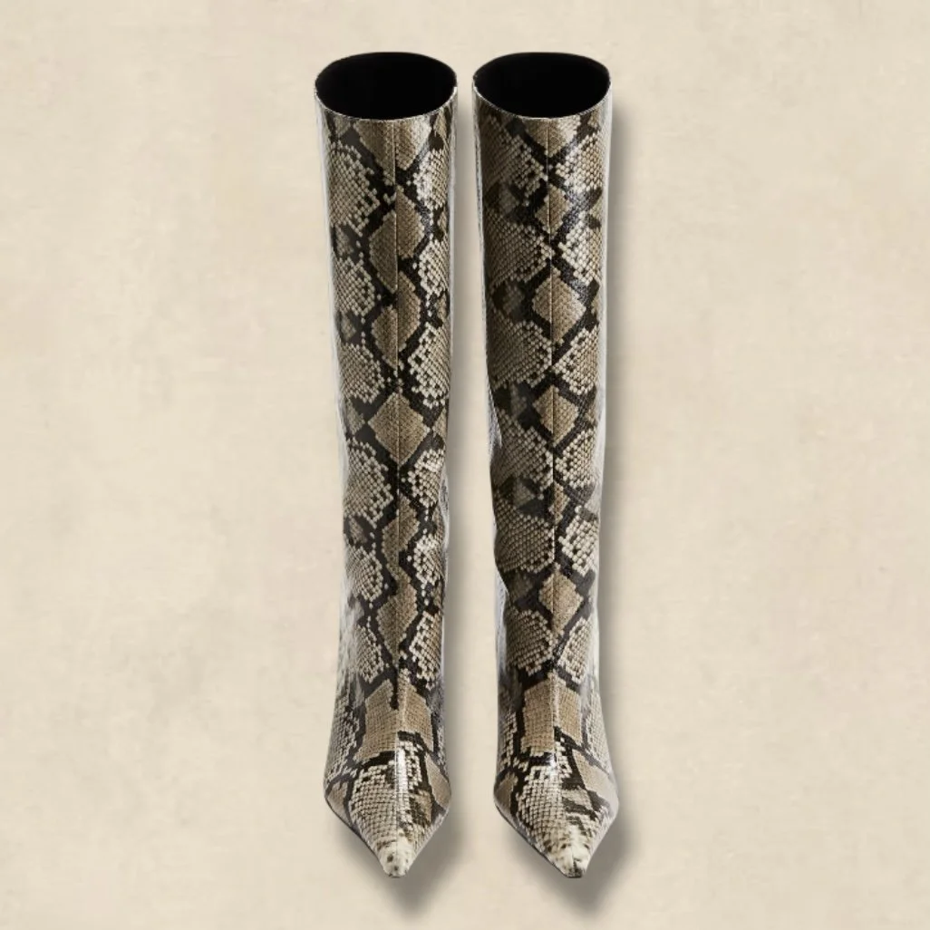 H&M Snake Print Knee-High Boots Beige Black