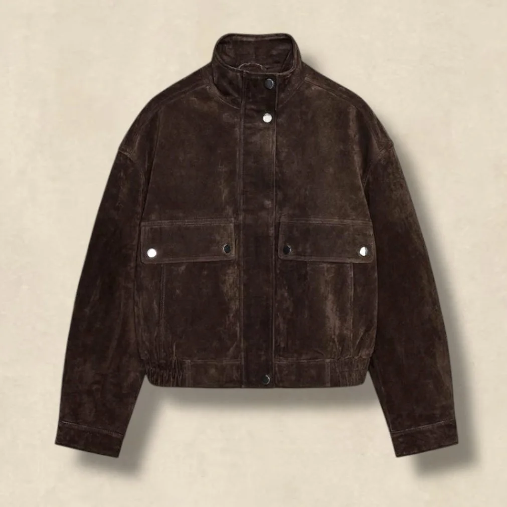 Suede Leather Bomber Jacket With Pockets