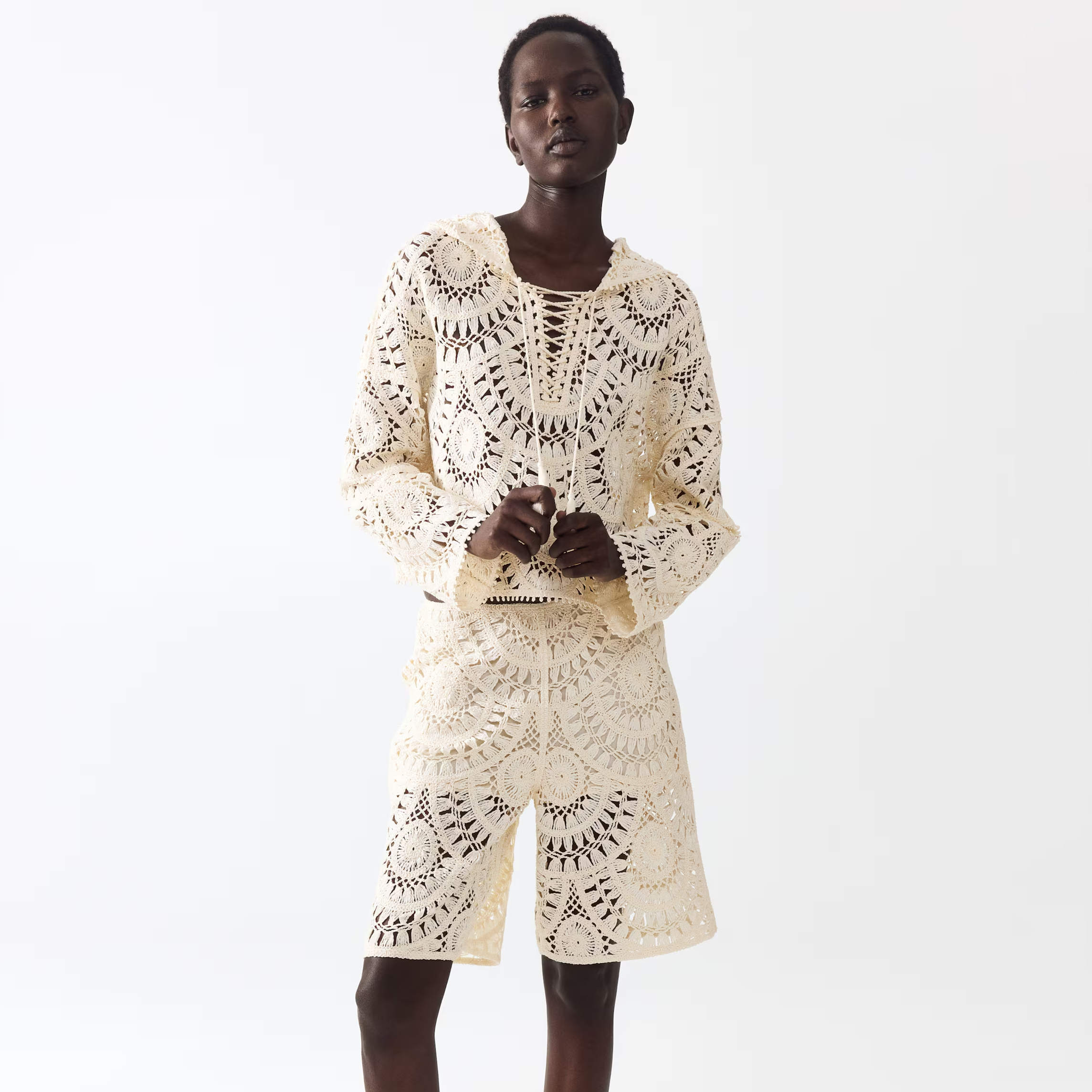 Crochet-Look Lace-Up Hoodie