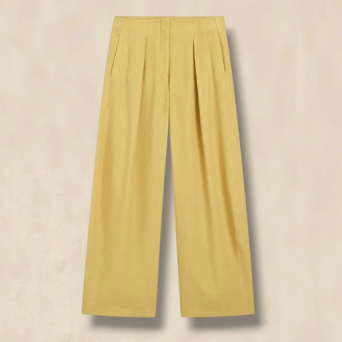 Mustard Yellow Linen Blend Wide Leg Trousers
