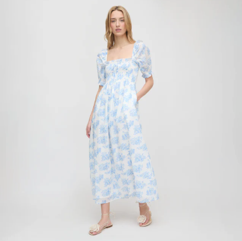 Blue Printed Cotton Midi Dress