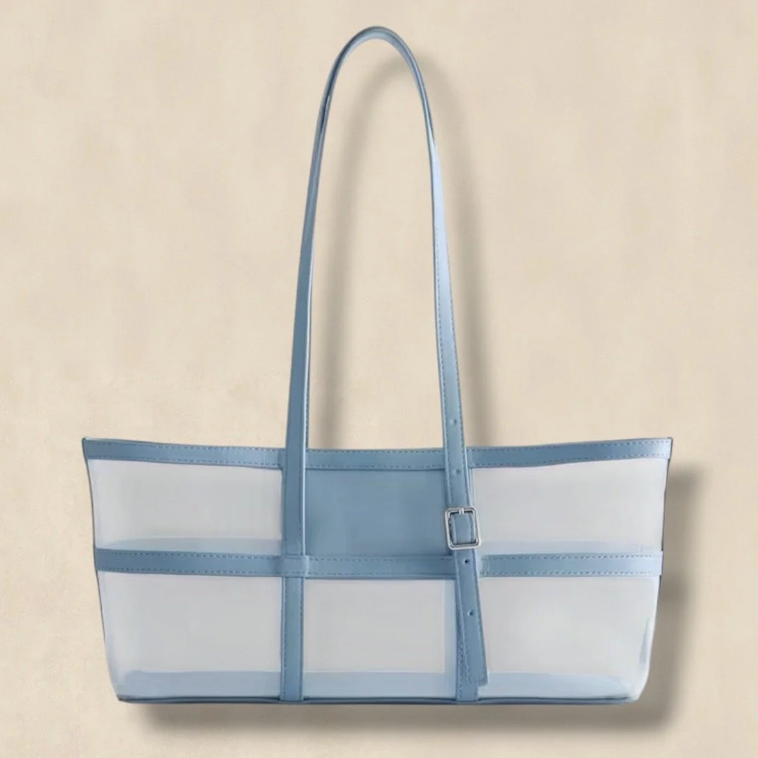 Blue Leather-Trimmed Mesh Tote Bag