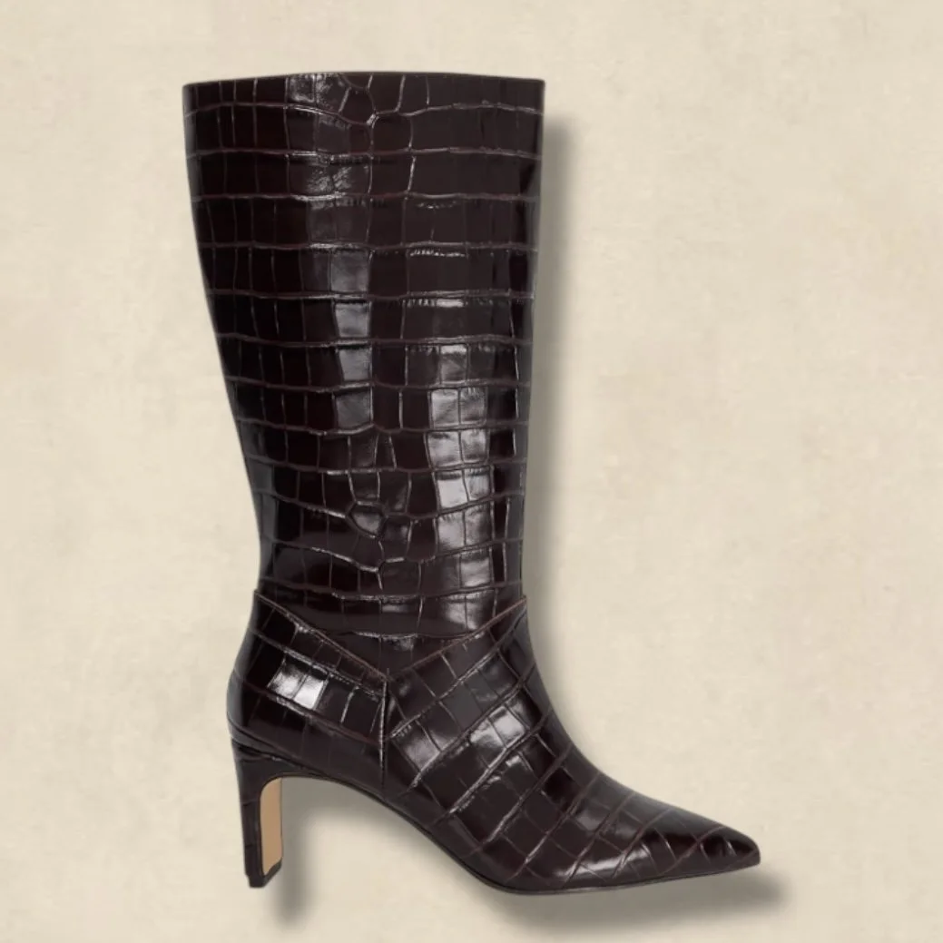 Dune Olette Leather Reptile-Effect Pointed-Toe Boots Burgundy