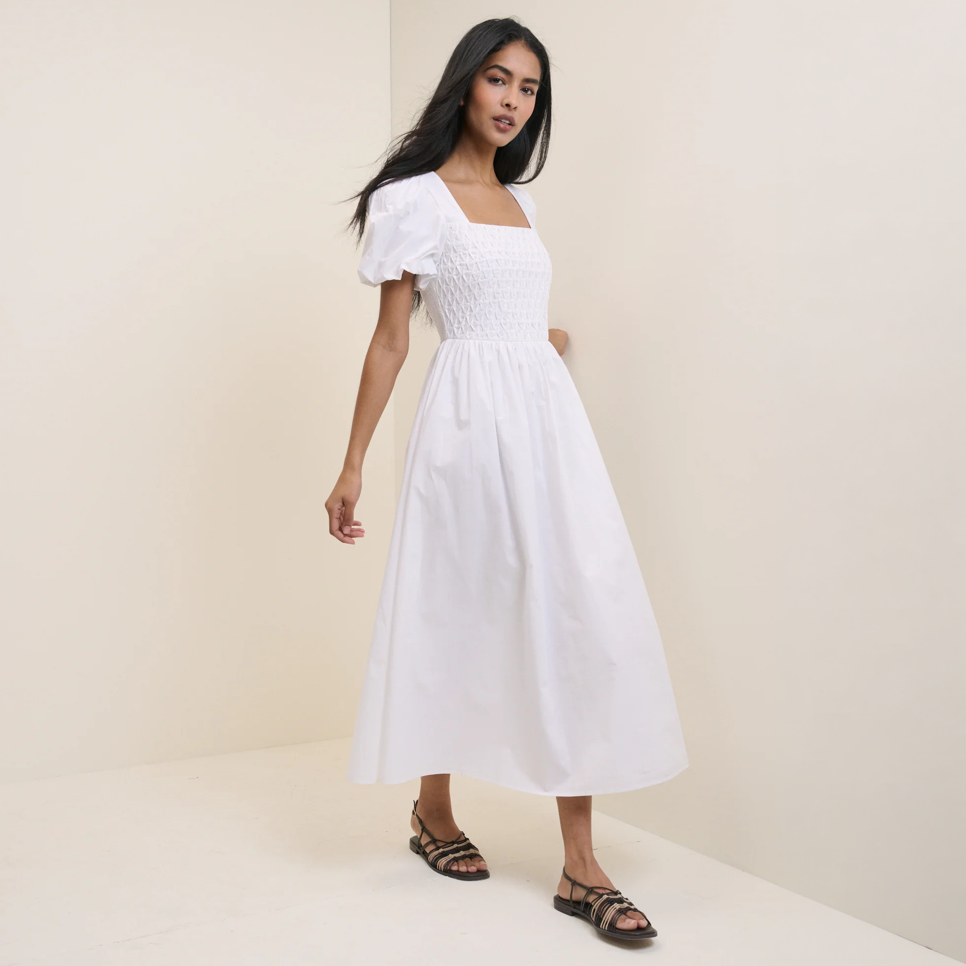 White Puff Sleeve Midi Dress