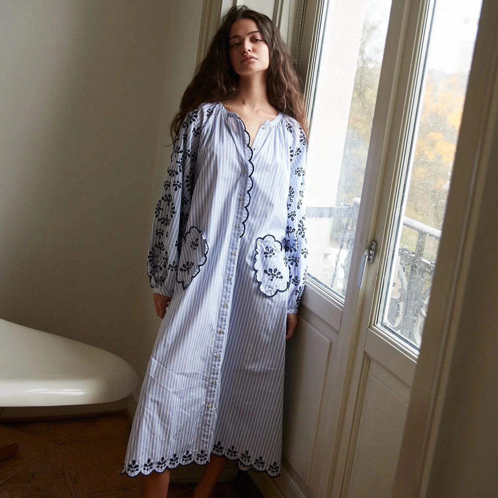 Organic Cotton Striped Embroidered Boho Dress With Scalloped Edges