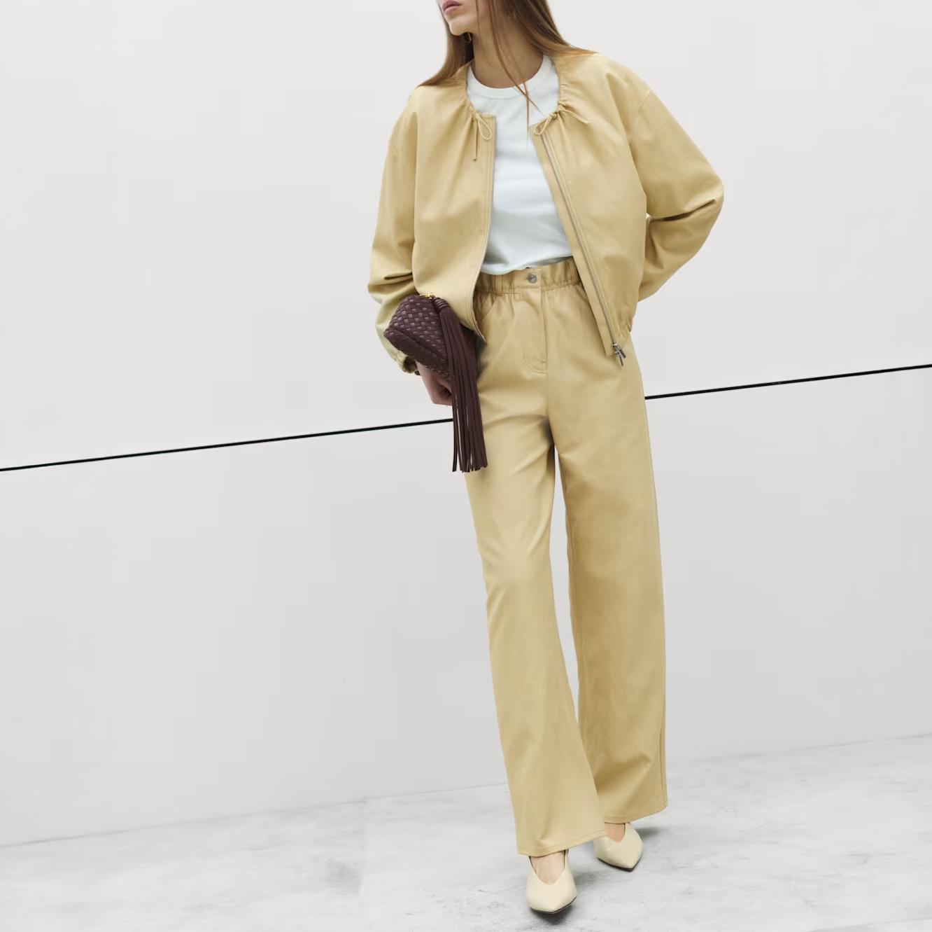 Pale Straw Leather Look Wide Leg Trousers