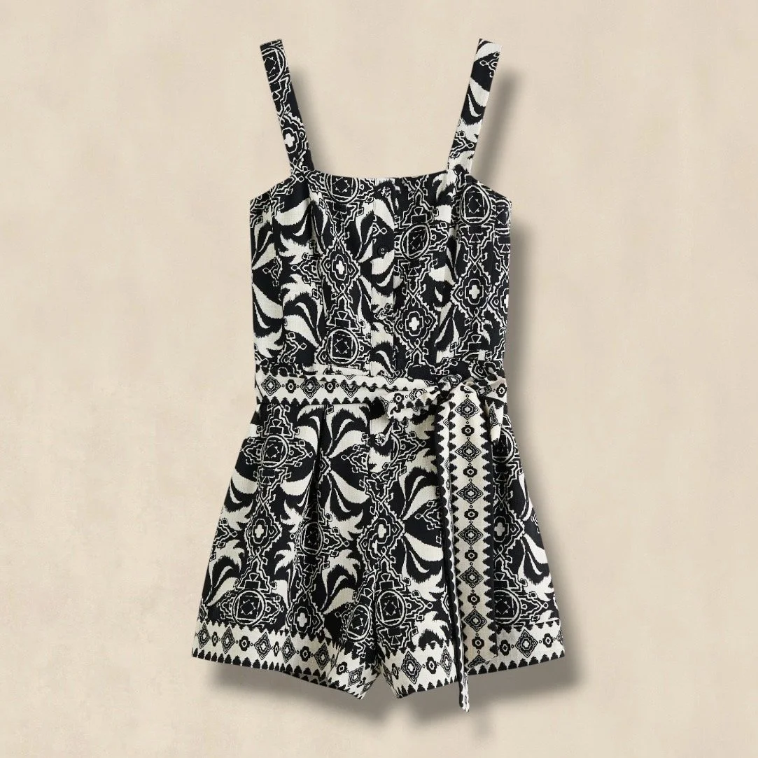 Black Patterned Tie-Belt Playsuit