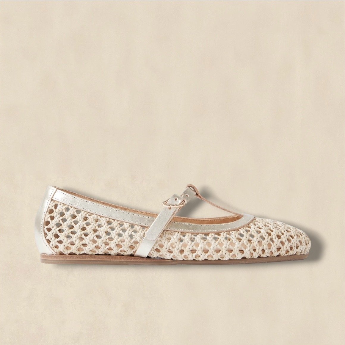 Raffia Ballet Flats With Metallic Leather Trim And Woven Texture