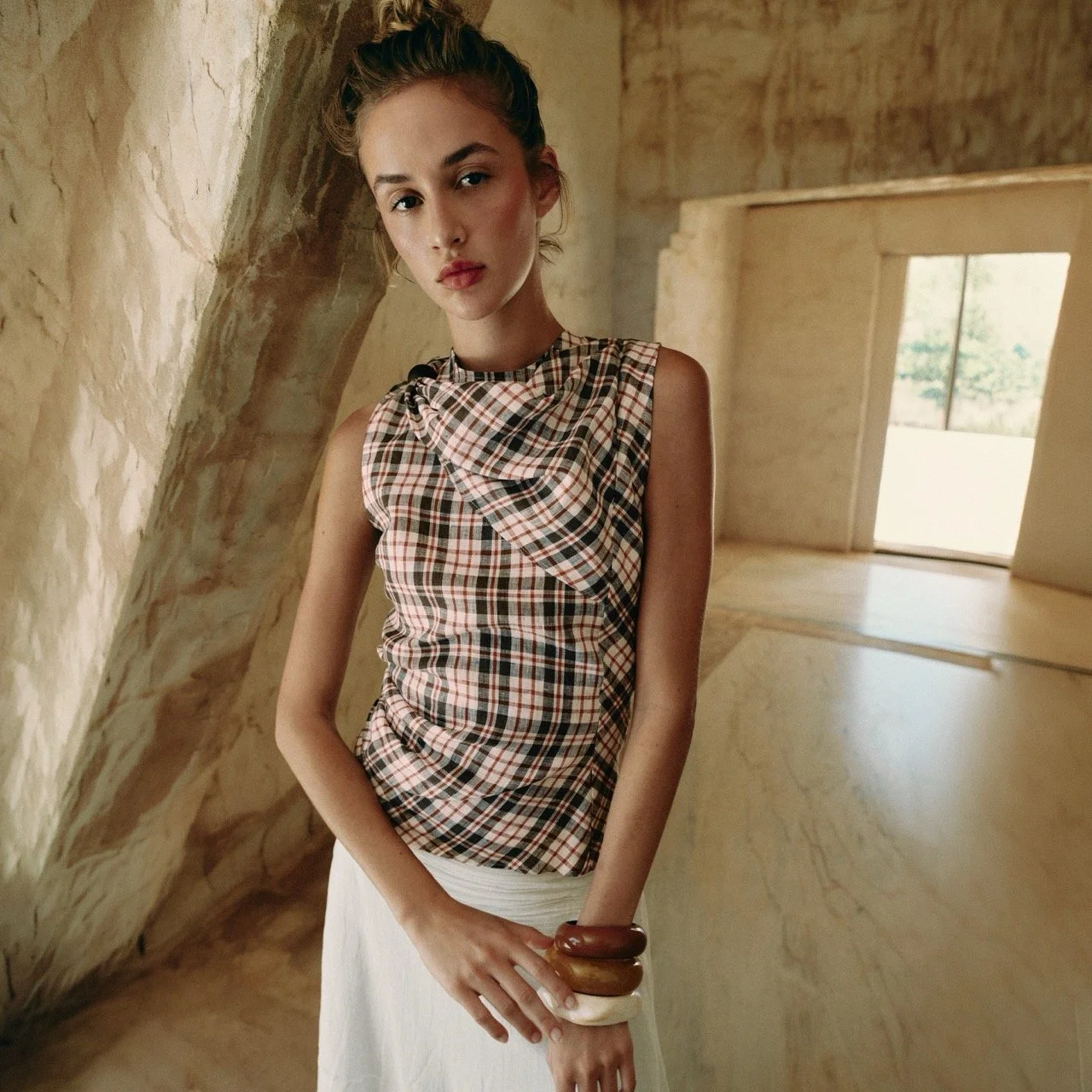 100 Linen Check Top Brown