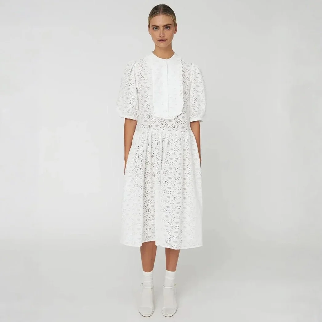 Cotton Lace Bib Front Dress With Intricate Detailing And Soft Volume