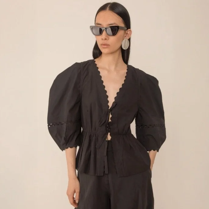 Scalloped Trim Black Cotton Blouse