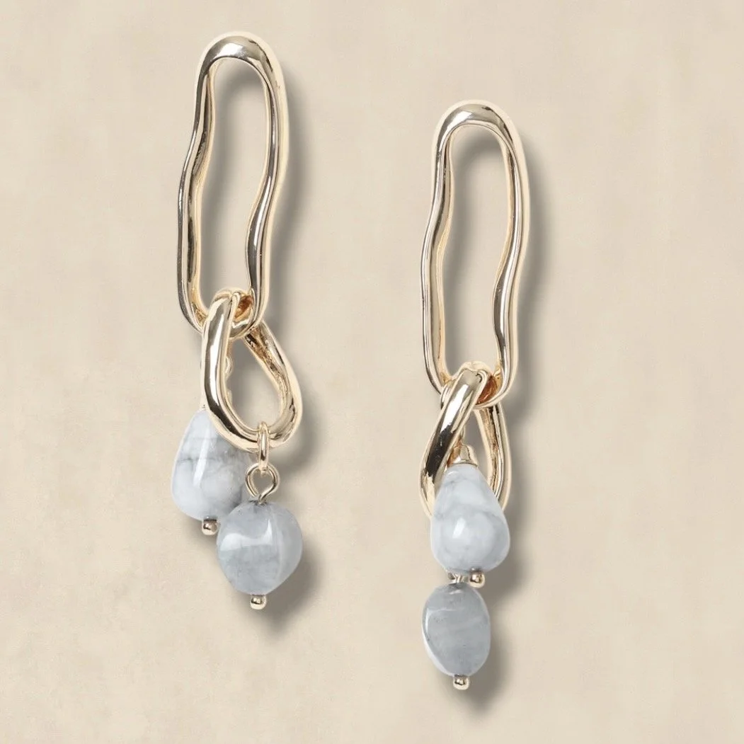 Gold Grey Stone Link Drop Earrings