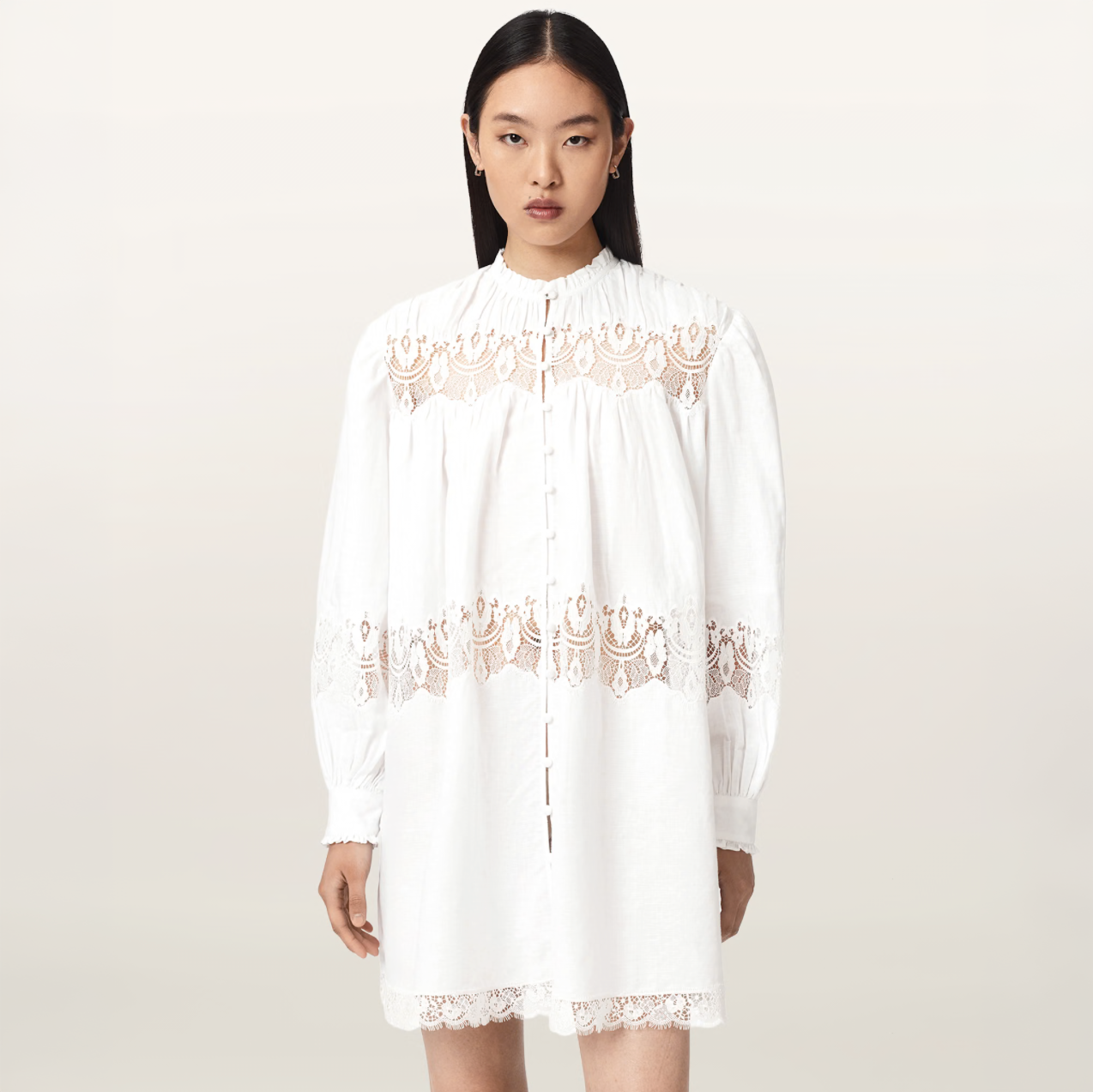 White Linen Blend Lace Mini Dress