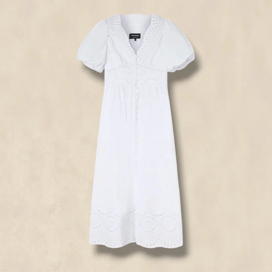 White Cotton Broderie V Neck Dress