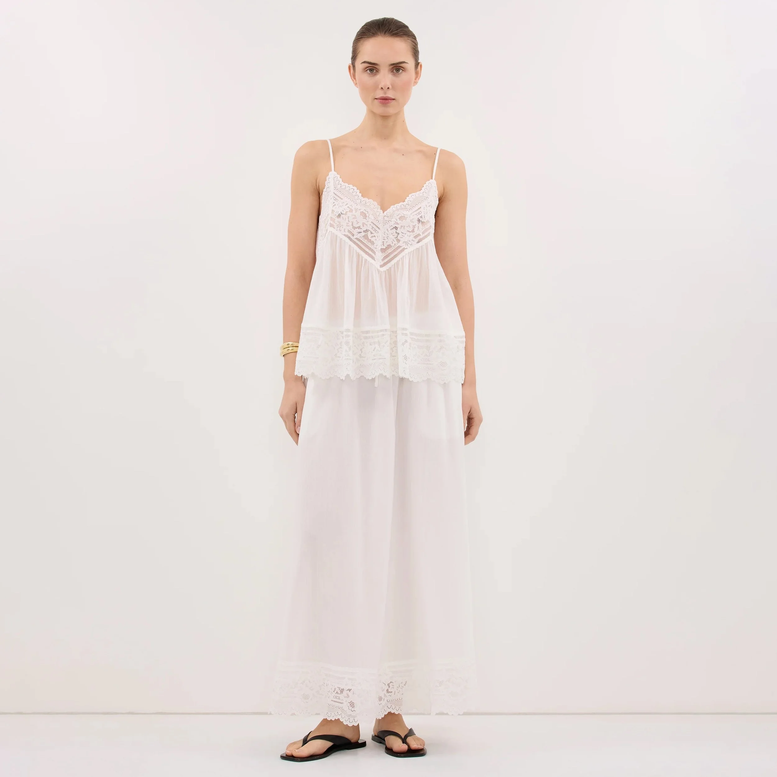 White Cotton Lace-Trim Midi Skirt