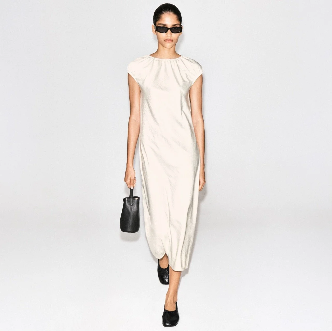 Cream Gathered Midi Dress