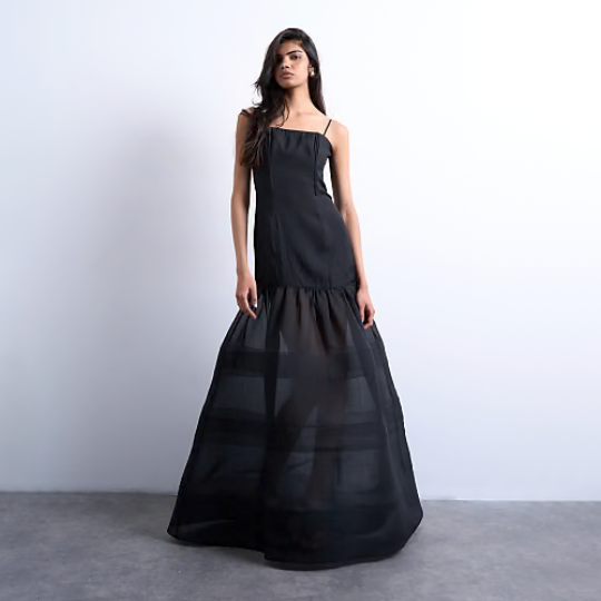 Topshop Maxi Dress Sheer Layered Volume Skirt Black