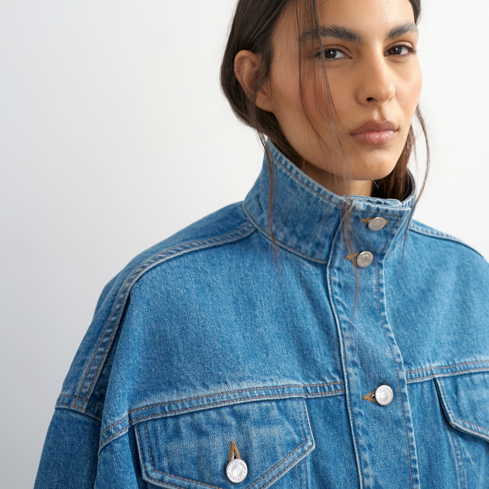 Funnel Neck Elastic Hem Denim Jacket Mid Blue