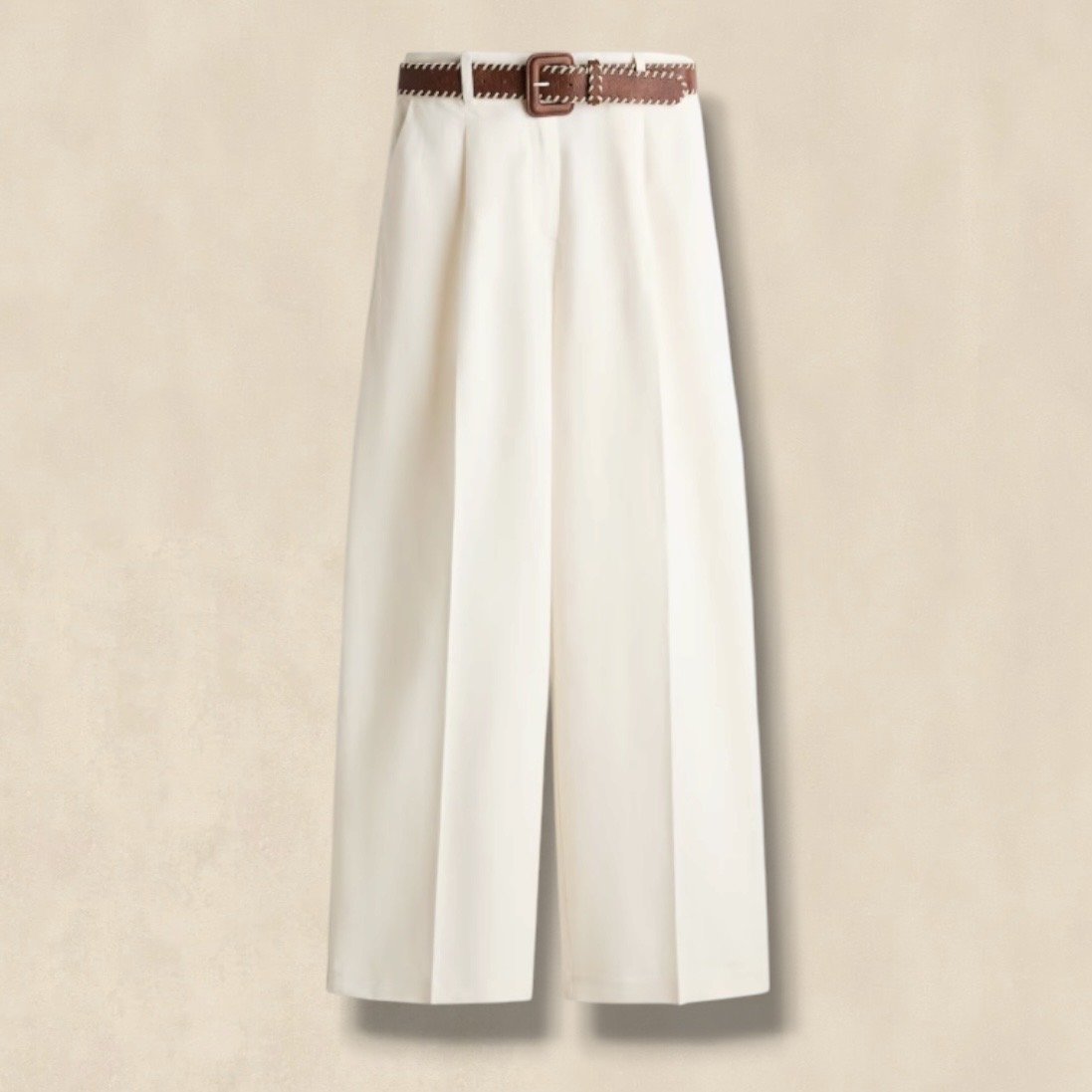 Cream Belted Linen Blend Trousers
