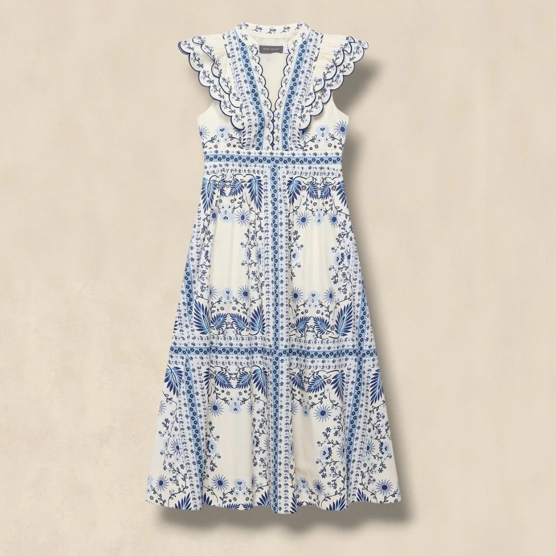 Blue Cotton Midi Dress With Scallop Trim And Feminine Silhouette