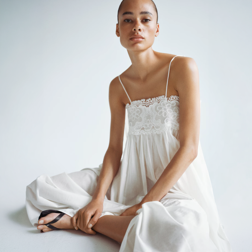 White Embroidery Detail Tie Strap Dress