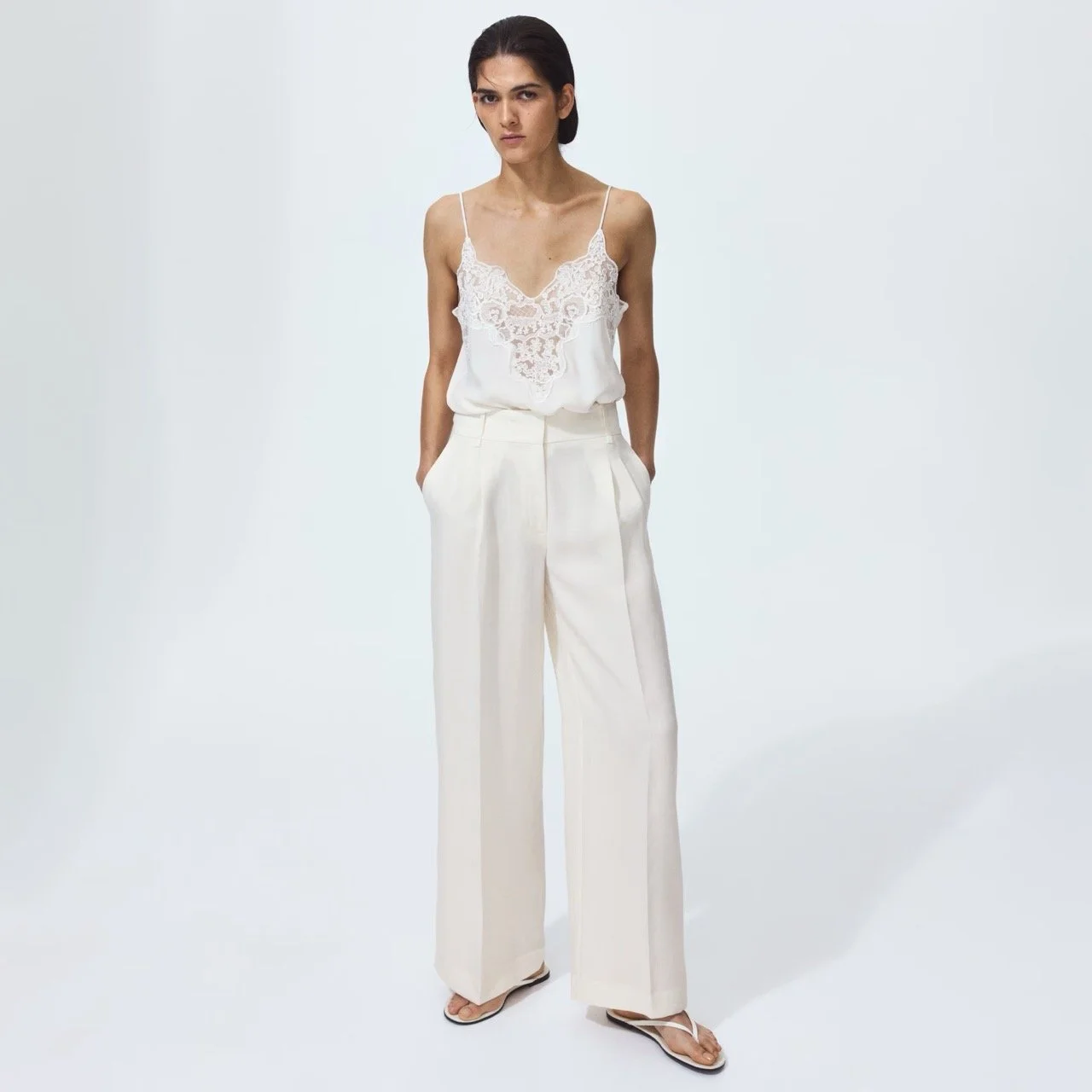 Cream Wide Tailored Trousers