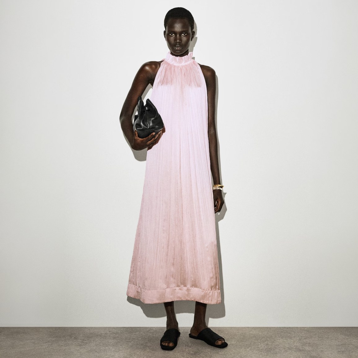 Crinkled Satin Pink Midi Dress