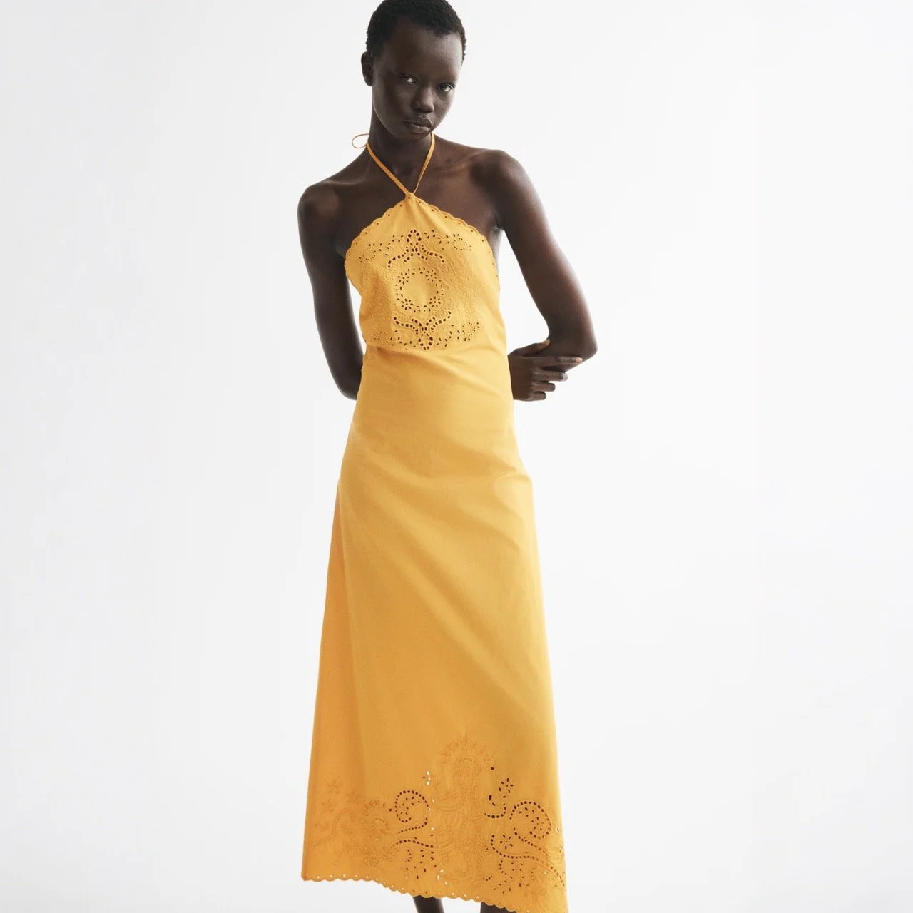 Yellow Broderie Anglaise Halterneck Maxi Dress