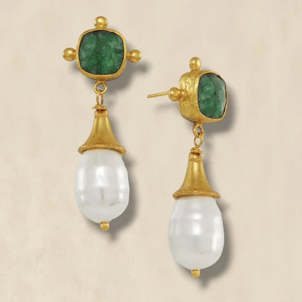 Emerald And Pearl Drop Stud Earrings Gold