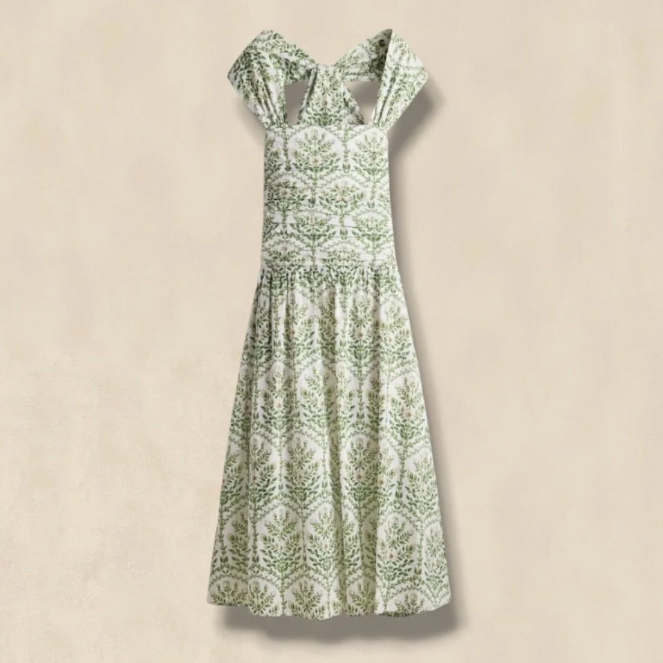 Poplin Halterneck Dress White And Green Floral
