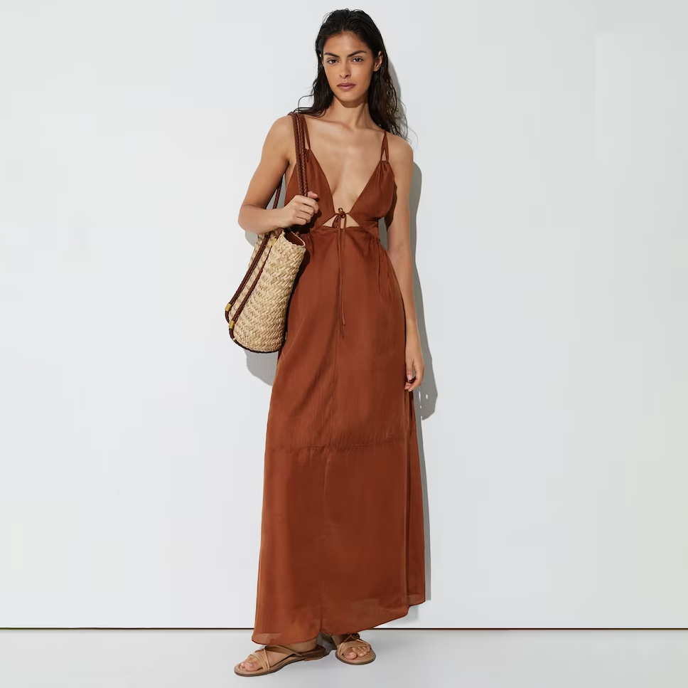 Brown Linen Plunge Maxi Dress