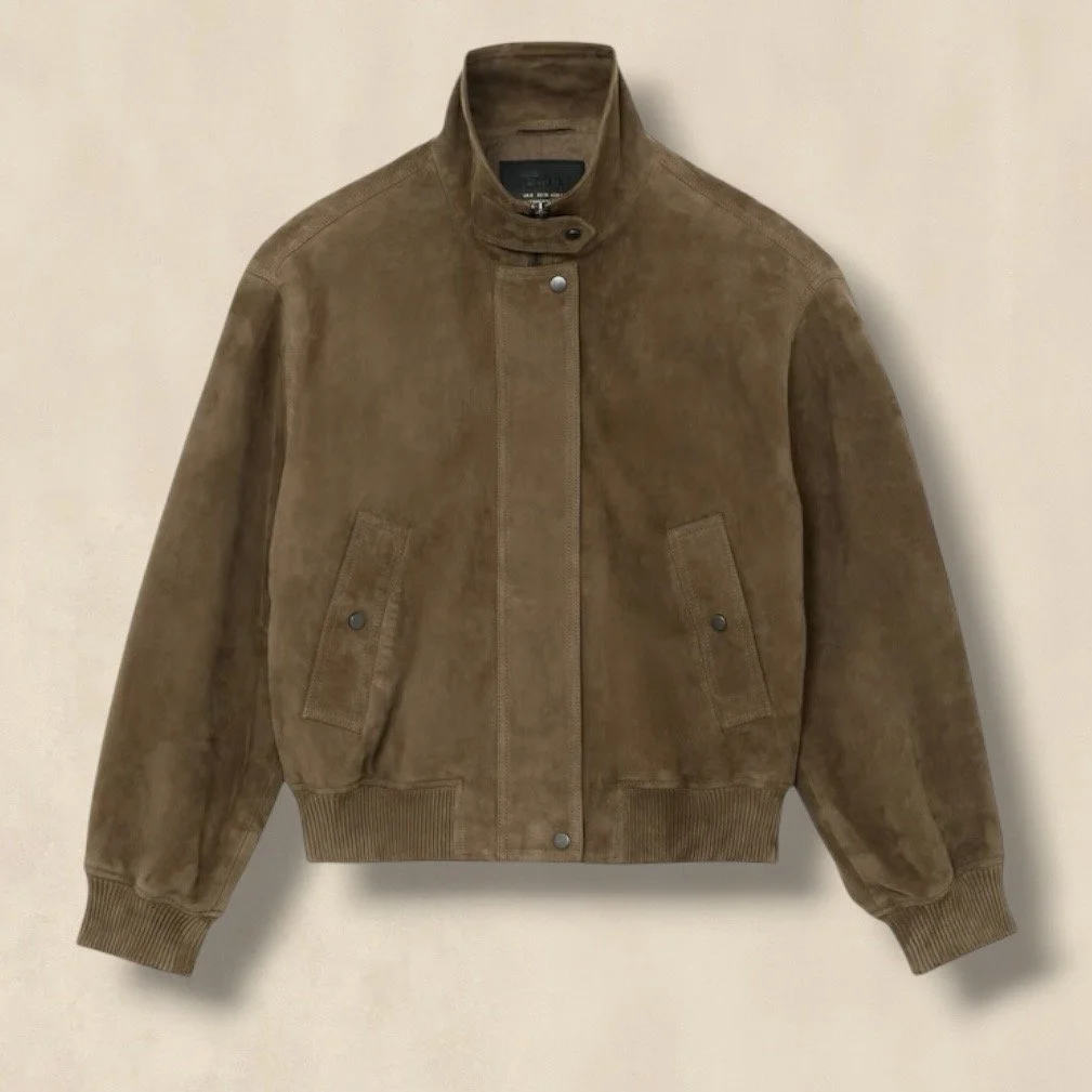 Suede Funnel-Neck Bomber Jacket