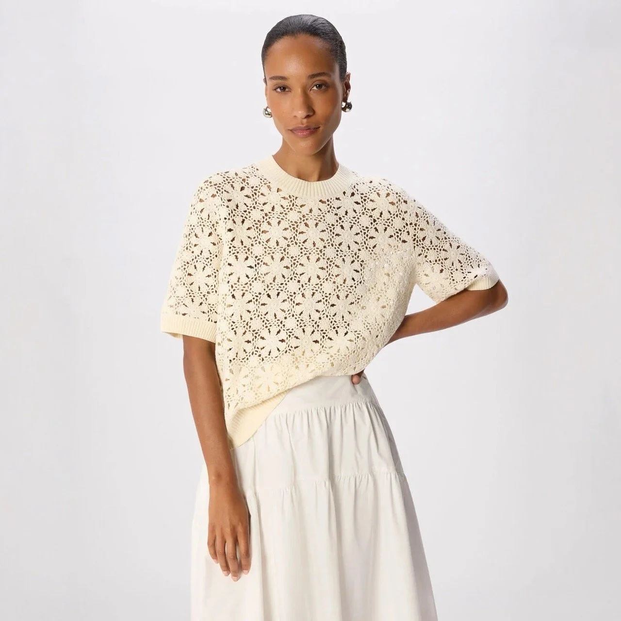 Ivory Cotton Crochet Detail T-Shirt